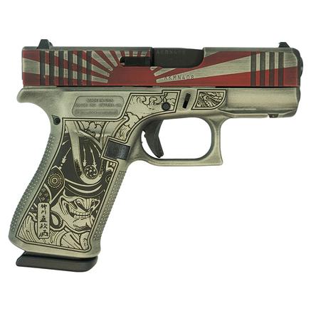 Glock 43X Rising Sun 9mm pistol Glock 43X Bushido Battle Worn design Glock 43X 3.4 inch barrel Glock 43X with front rails Glock 43X ergonomic grip Glock 43X for concealed carry Glock 43X 10-round magazine Glock 43X side view Glock 43X detailed view Glock 43X stylish handgun