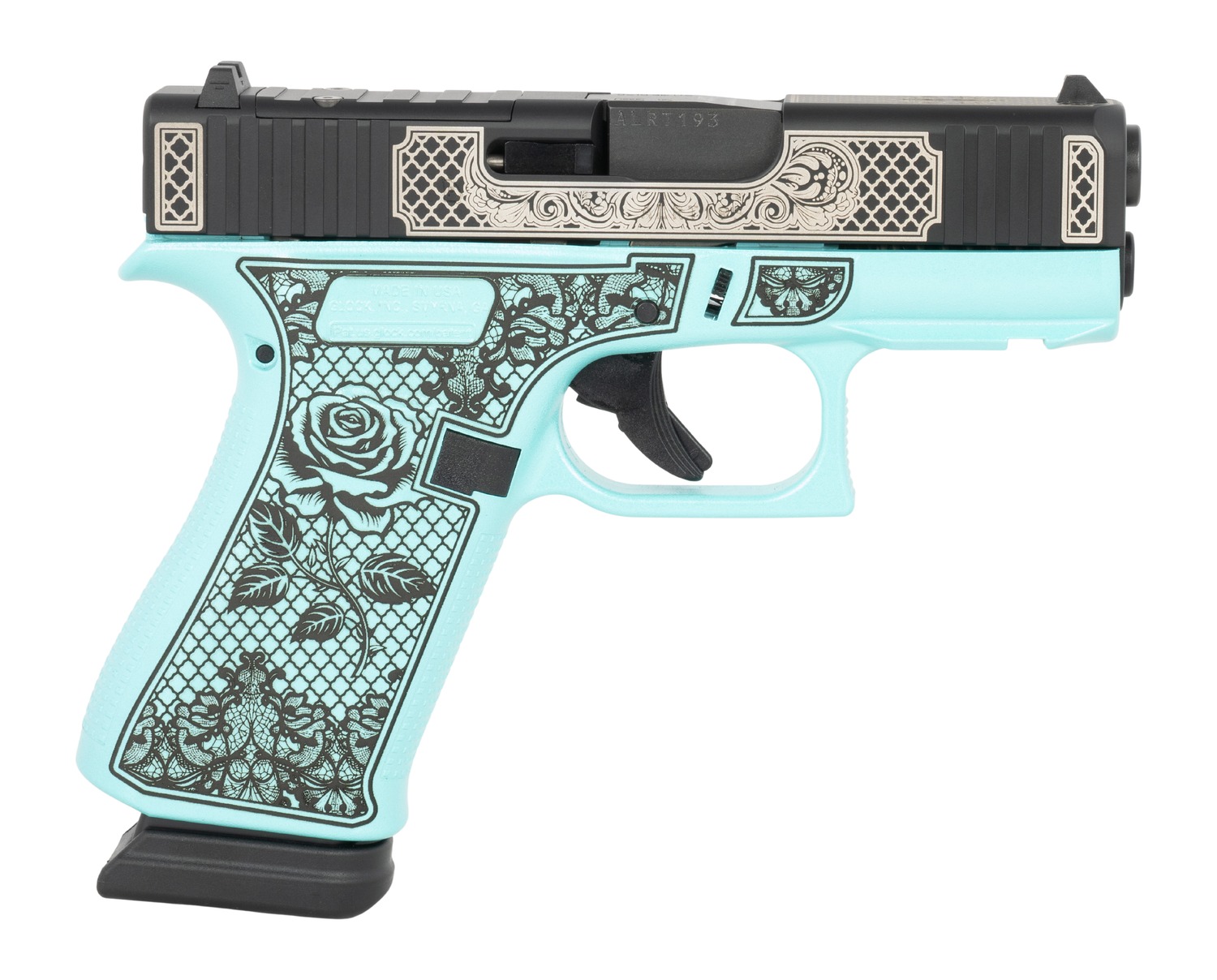 Glock UX4350204NR15ORGLREB G43X 9mm Luger 15+1 3.41" Black GMB Barrel, Black/Silver Cerakote Steel Serrated Slide, Aqua Rose Cerakote Polymer Frame w/Accessory Rail, Ambidextrous