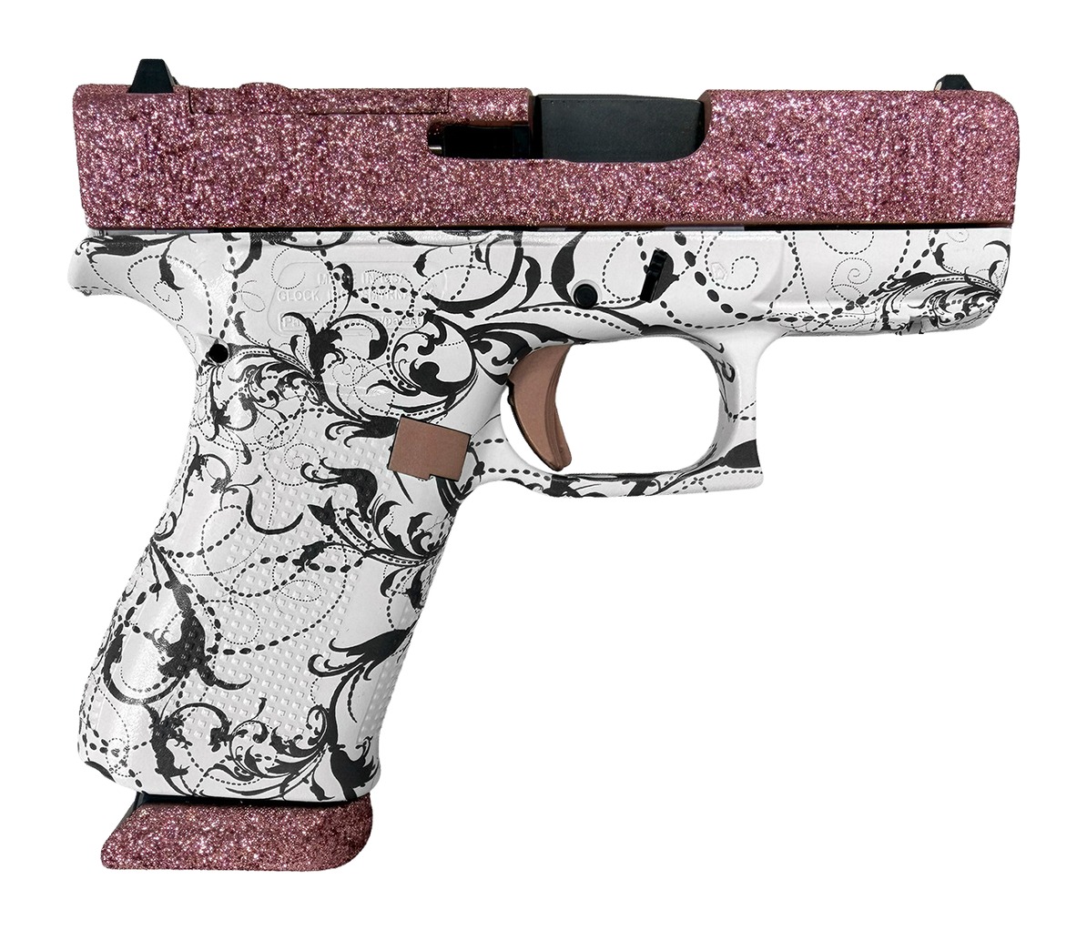 Glock UX4350204NR15RGPOR G43X 9mm Luger 15+1 3.41" Black GMB Barrel, Pixie Glitter Cerakote Steel Optic Ready Slide, Black & White Paisley Polymer Frame, Ambidextrous