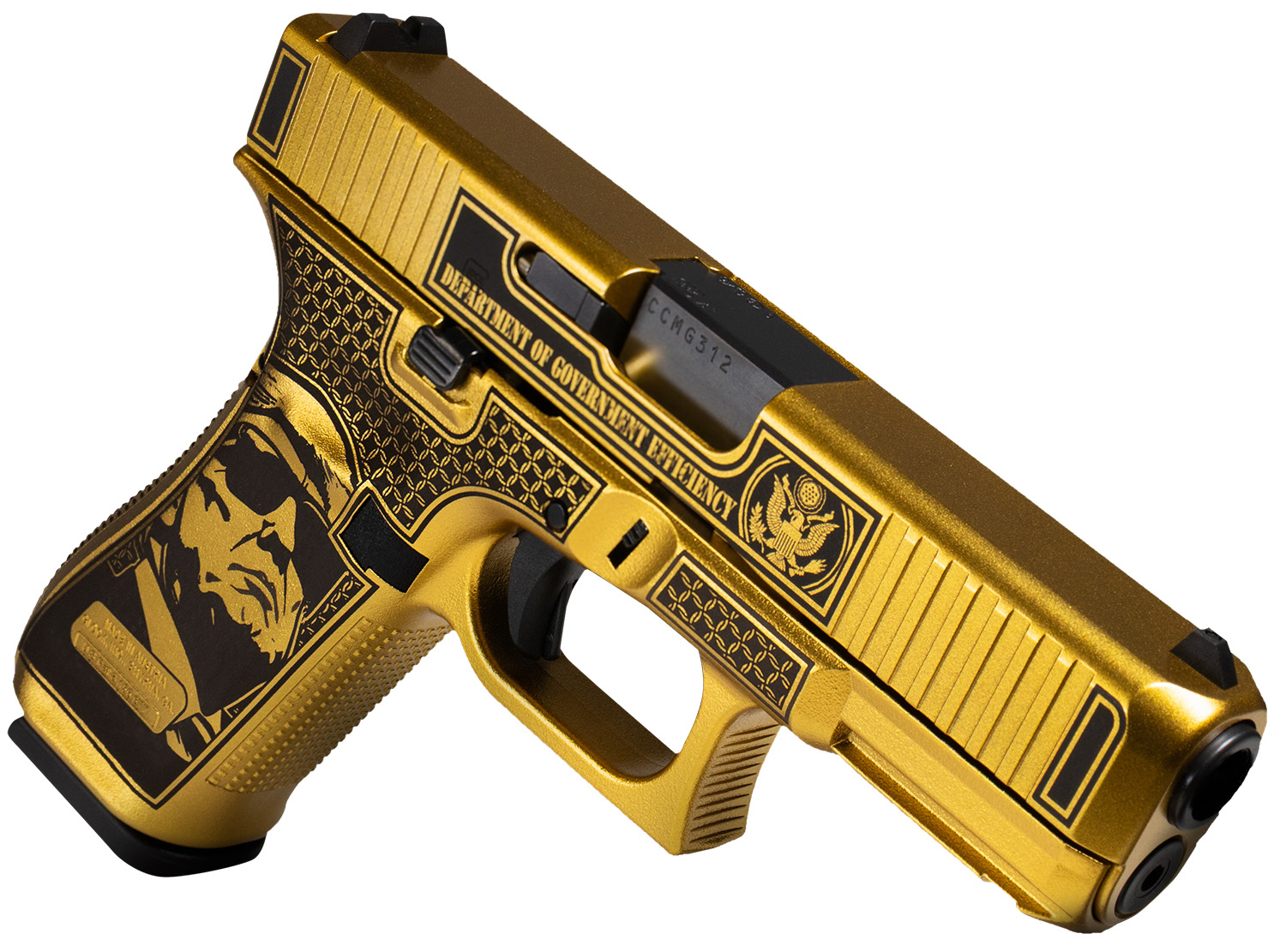 Glock PA475S204MOSNDGE G47 Gen 5 MOS D.O.G.E. Full Size Frame 9mm Luger 17+1 4.49" Black GMB Barrel, Glamour Glock Gold Cerakote Serrated Steel Slide w/D.O.G.E., Glamour Glock Gold Cerakote Polymer Frame w/Trump & Elon