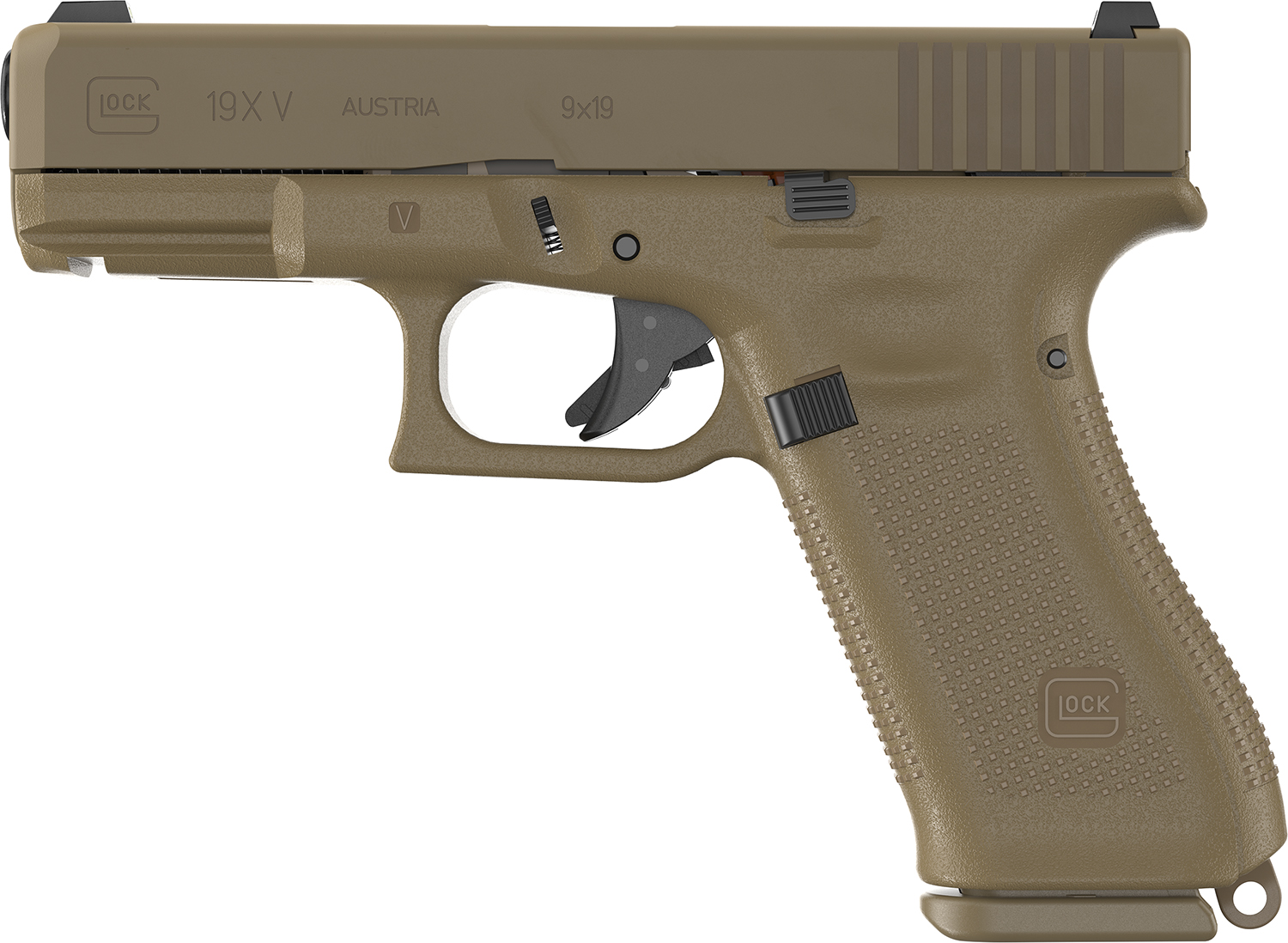 Glock UV1950703X G19X V 9mm Luger 17+1 4.02" Black GMB Barrel, Coyote nPVD Steel Serrated Slide, Coyote Brown Polymer Frame, Textured Polymer Grip, Ambidextrous
