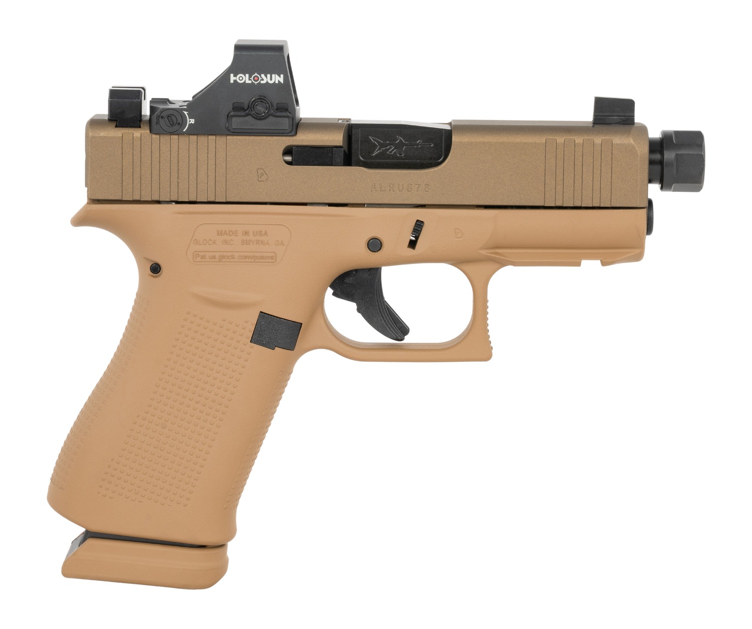 Glock UX4350204NR15ORNINO2 G43X w/Optic 9mm Luger 15+1 3.41" Black Threaded Barrel, Coyote Tan Cerakote Steel Serrated w/Holosun HS 407K Red Dot Slide, Coyote Cerakote Polymer Frame w/Accessory Rail, Textured Polymer Grip, Ambidextrous